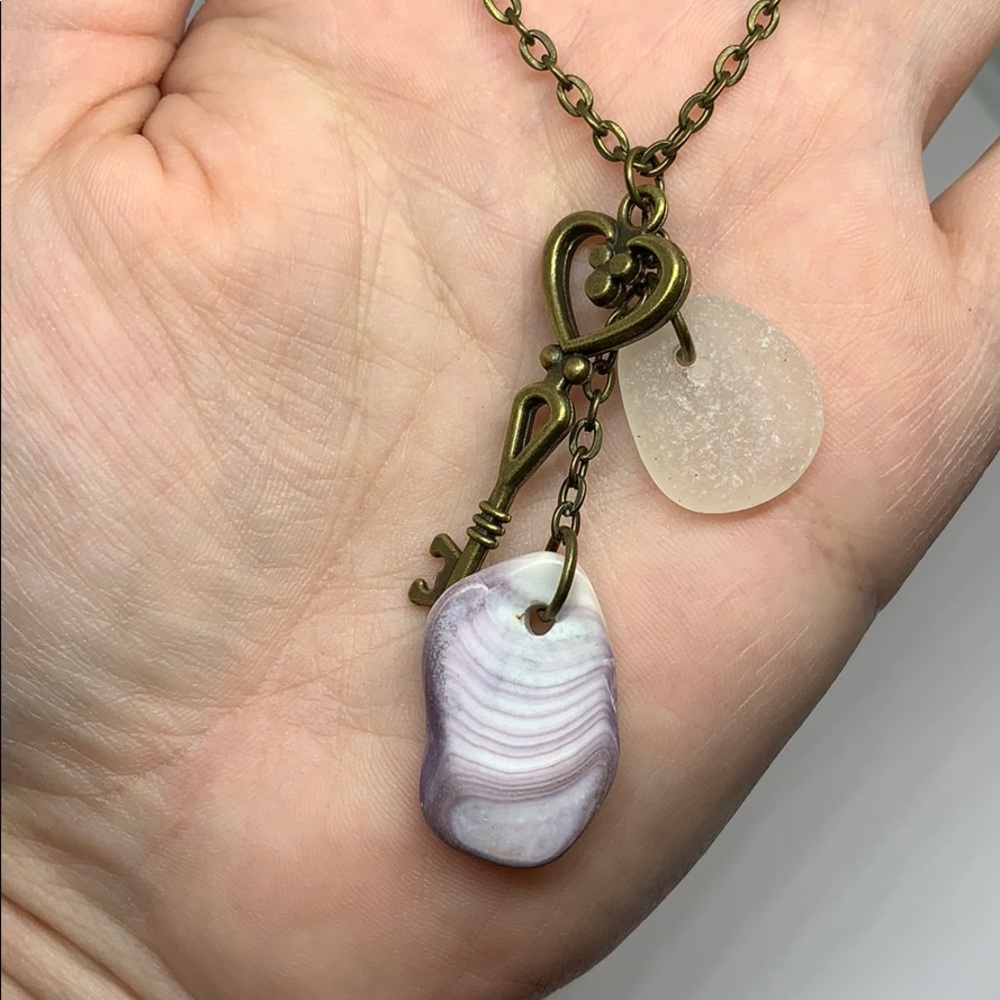 Antique bronze sea glass,key,purple charm necklace